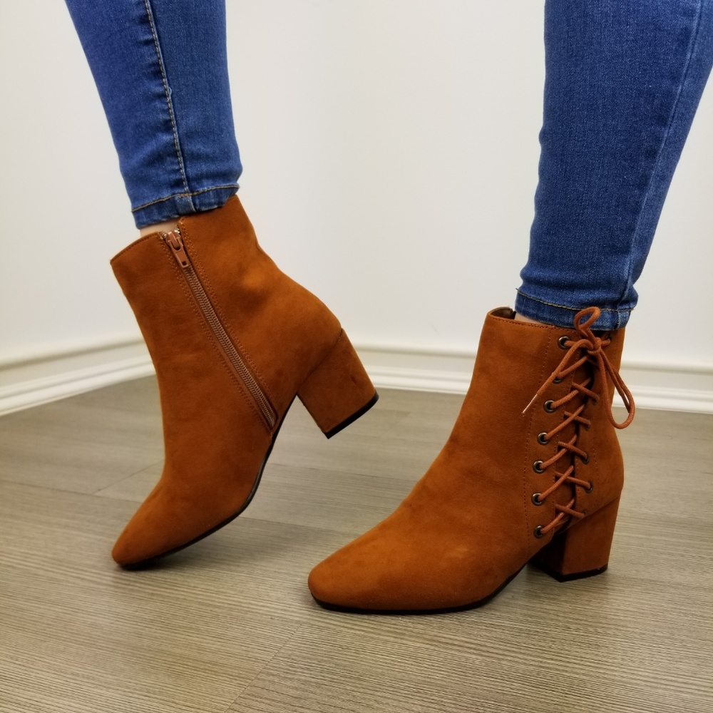 Brown Faux Suede Ankle Booties Side Laced Up - Picture 2 of 8
